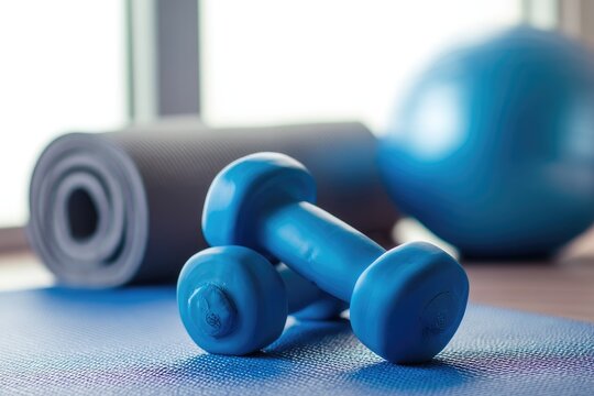 Blue dumbbells resting on a yoga mat with a rolled mat and exercise ball in the background, creating a calm home workout setting. Ideal for fitness blogs, gym ads, and wellness promotions