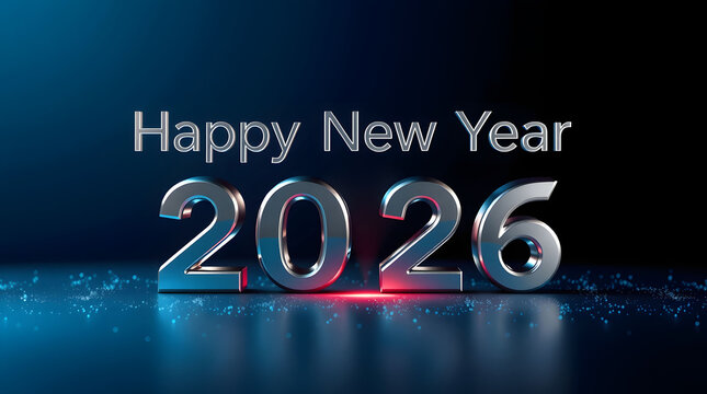 Happy new year 2026 chrome lettering with elegant lighting render