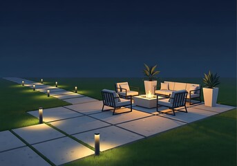 Fototapeta premium Modern outdoor lounge with fire pit under the starlit night sky view