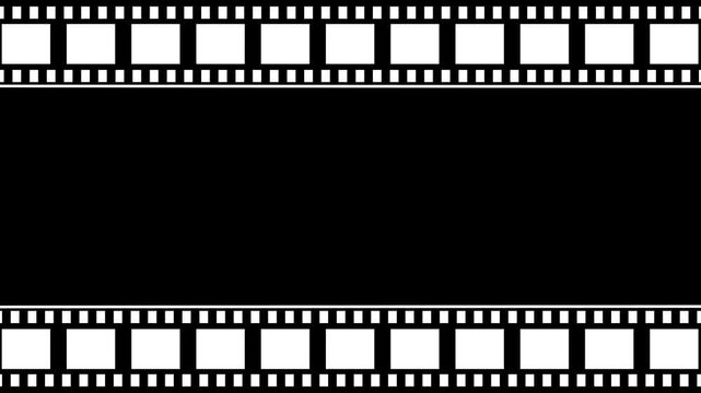 Retro Film Strip Motion Design with Empty Frame Space for Media Content. Classic film strip frame black and white empty space for video movie or photo content. Vintage Camera Roll Animation Loop.