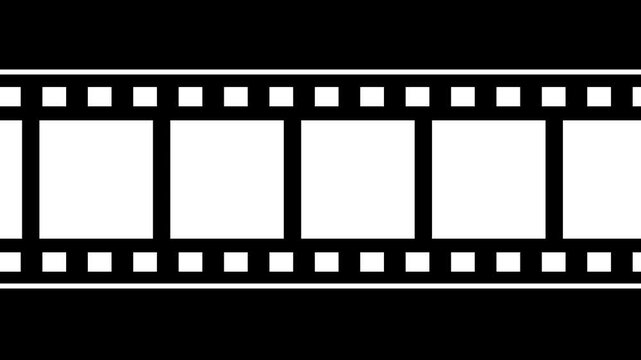 animated film strip with white screen frames for chroma keying. retro movie film strip animation for video intros and transitions. horizontal scrolling filmstrip with a transparent background effect. 