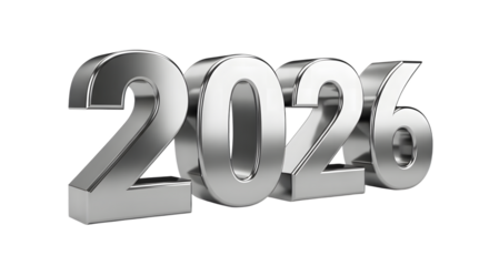Silver 3d numbers 2026 foe new year isolated on transparent background