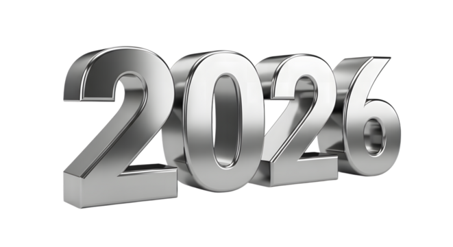 Silver 3d numbers 2026 foe new year isolated on transparent background
