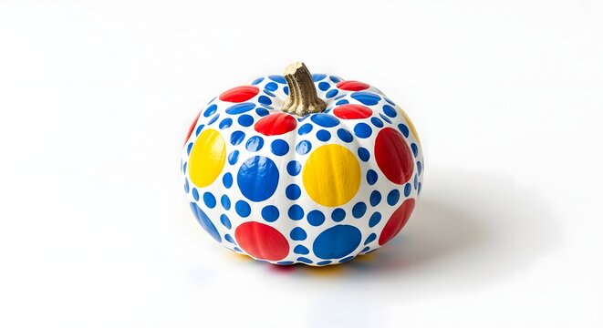 Whimsical polka dot painted pumpkin on white background