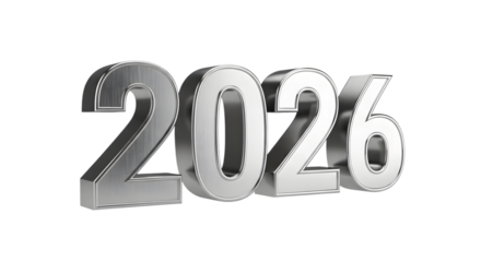 Silver 3d numbers 2026 foe new year isolated on transparent background