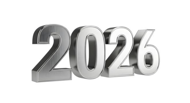 Silver 3d numbers 2026 foe new year isolated on transparent background