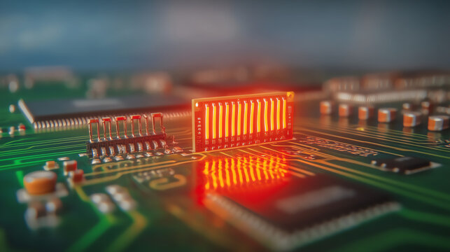 Close-up of a glowing microchip on a circuit board, showcasing intricate details and vibrant colors in digital technology.