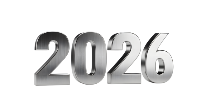Silver 3d numbers 2026 foe new year isolated on transparent background