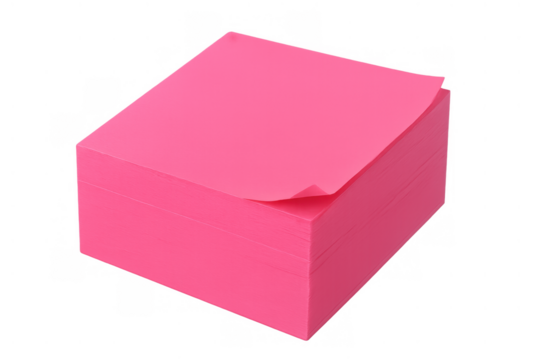 Pink sticky notes pad with a curled corner creating a reminder or memo, perfect for office and communication needs