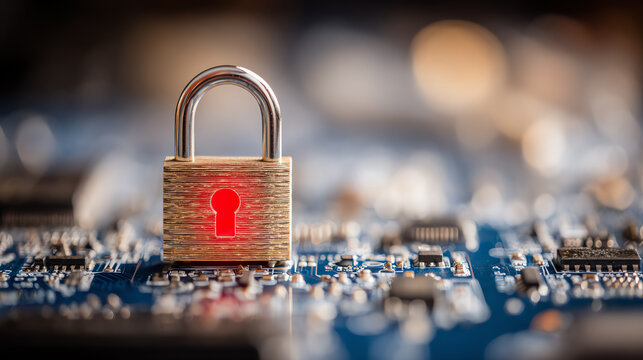 Close-up of a golden padlock on a circuit board, symbolizing digital security and data protection in technology.