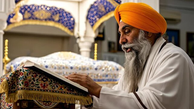 Senior Sikh Man in Religious Attire Wearing Orange Turban Reading from a Holy Book in a Serene Gurudwara Setting with Intricate Decorations