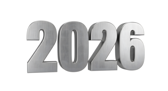 Silver 3d numbers 2026 foe new year isolated on transparent background