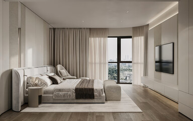 Bright modern bedroom with large window, wall-mounted TV, and soft neutral decor. Cozy minimalist design.