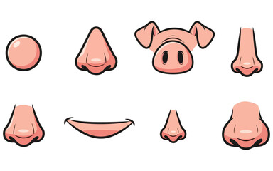 Collection of Cartoon Noses and Pig Snout Illustrations on White Background