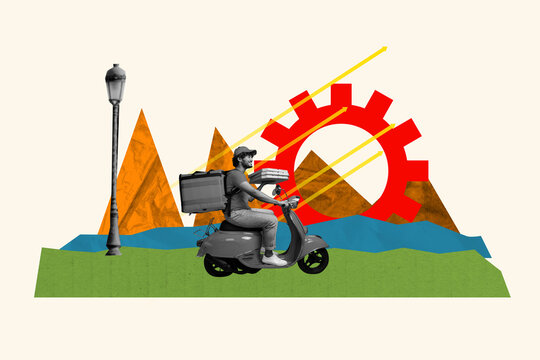 Creative 3d artwork banner collage of happy guy courier ride moped carry pizza box shipment gearwheel fast delivery service