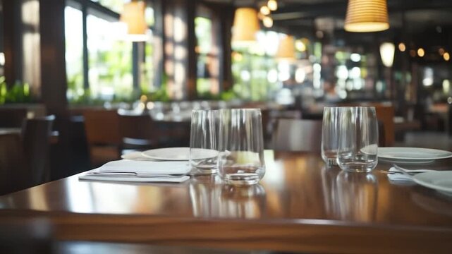 Elegant restaurant table setting with glasses and plates ready for dining experience