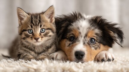 Kitten and Puppy Snuggle on a Soft Rug in Warm Daylight Creating a Cozy Atmosphere Perfect for Relaxation