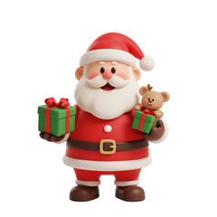 Obraz premium Santa Claus with Gifts: A jovial Santa Claus figure, dressed in his iconic red suit and hat, carries wrapped gifts and a teddy bear, embodying the spirit of Christmas and generosity.