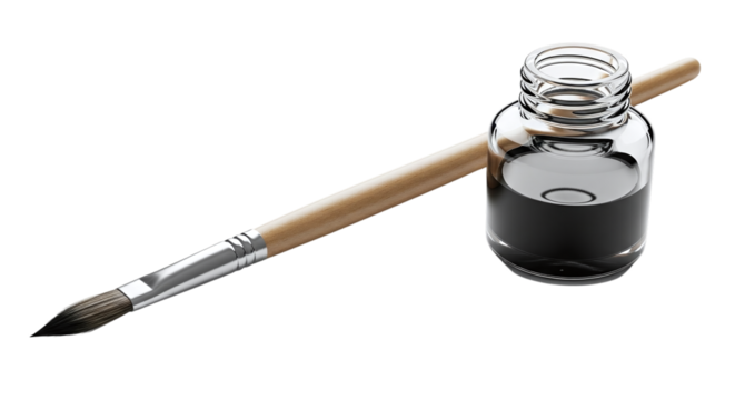 Closeup of a paintbrush and an ink bottle, perfect for illustrating art, creativity, and the tools of artistic expression