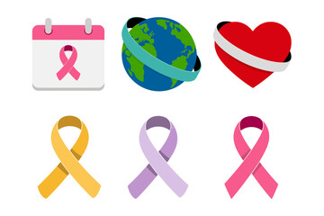 Flat vector icons for global health and awareness, representing support ribbon, world globe, heart, and important calendar dates.