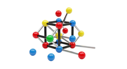 Colorful molecular model, showcasing a complex structure with vibrant spheres connected by rods, ideal for science education and research