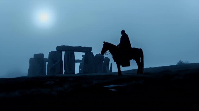 A silhouette of a person riding a horse against a misty backdrop. The style is cinematic, with a focus on the interplay of light and shadow.