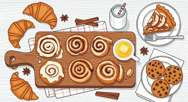 A delicious assortment of freshly baked pastries including croissants cinnamon rolls cookies and apple pie served with butter and milk