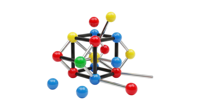 Colorful molecular model, showcasing a complex structure with vibrant spheres connected by rods, ideal for science education and research