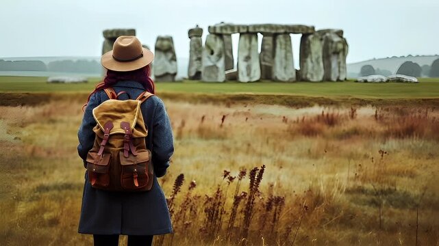 A woman with a backpack and hat stands in a vast, open field with a distant stone structure in the background. She is facing away from the camera, her back to the viewer.