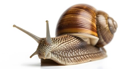 Intricate close up of a garden snail's textured skin and spiral shell reveals the slow, deliberate beauty of nature in a studio setting