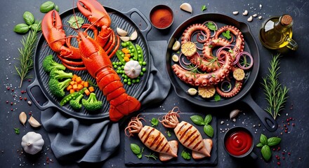 Luxurious Overhead View Dark Themed Gourmet Seafood Platter Spread