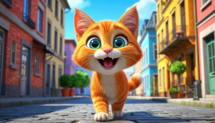 Cheerful cartoon cat with bright eyes walking through city streets, amazed by buildings, perfect for children’s media, urban storytelling, and festive design projects.