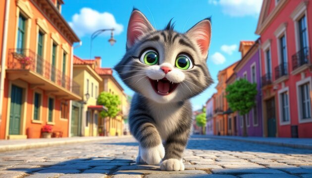 Cheerful cartoon cat with bright eyes walking through city streets, amazed by buildings, perfect for children’s media, urban storytelling, and festive design projects. - Powered by Adobe
