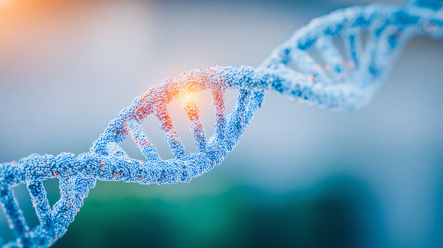 Close-up of a vibrant DNA strand highlighting its double helix structure, representing the essence of life and genetic information.