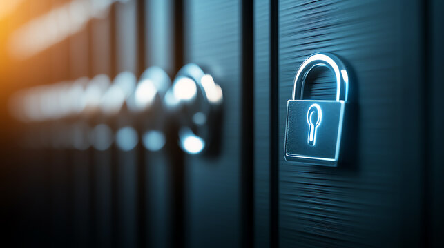 Close-up of digital padlock on a server with glowing light, symbolizing data security and protection in modern technology.