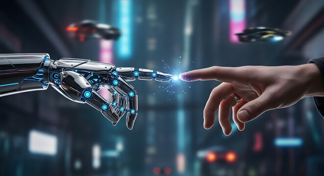 Robot hand touching human finger with futuristic drones in a blurred city background at night