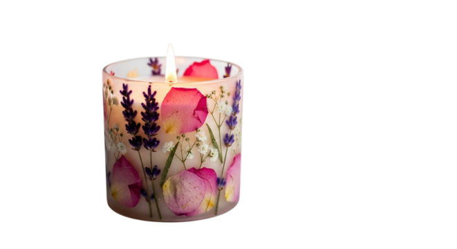 Aromatic candle with delicate floral design, infusing tranquility and warmth into any space