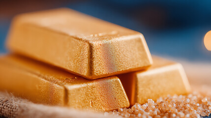 Close-up of gold bars stacked on a textured surface, highlighting the luxury and wealth represented by precious metals.