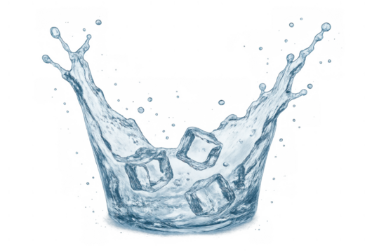 Water splash with ice cubes forming a fresh crown, generating refreshing drops, transparent background