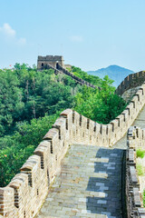 beautiful landscape of Mutianyu Great Wall (The Great Wall at Mutianyu) watchtower and mountains during summer in Beijing, China
