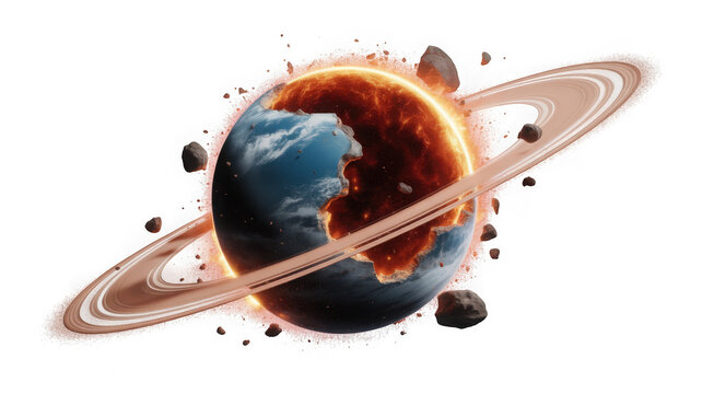Abstract planet with rings and asteroids exploding into space isolated on transparent background - Powered by Adobe