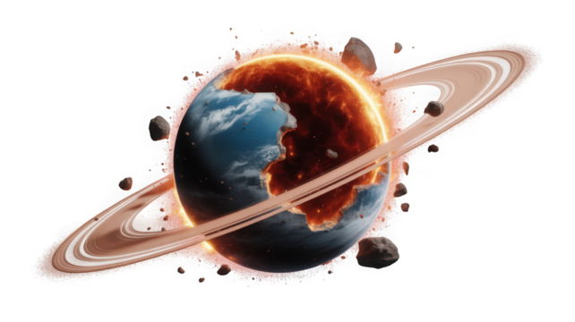 Abstract planet with rings and asteroids exploding into space isolated on transparent background