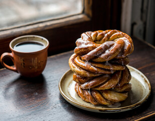A stack of homemade cinnamon rolls on a ceramic plate, with melted icing glistening under soft natural window light. A clay mug of tea sits beside