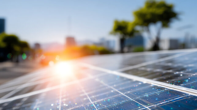 Close-up of solar panels with sunlight reflecting, highlighting renewable energy and sustainable technology in urban settings.
