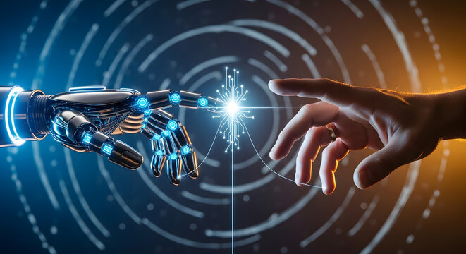 Human hand and robot hand reaching towards each other with glowing digital connections in the center