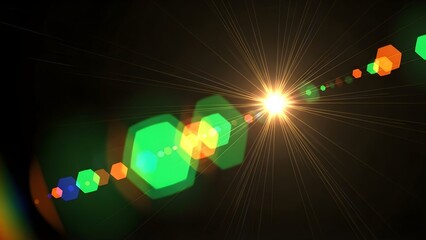 Vibrant lens flare effect with starburst and hexagonal light shapes on black background