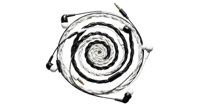 A tangled mess of black and white wired headphones, creating a mesmerizing spiral pattern for a unique visual effect - Powered by Adobe