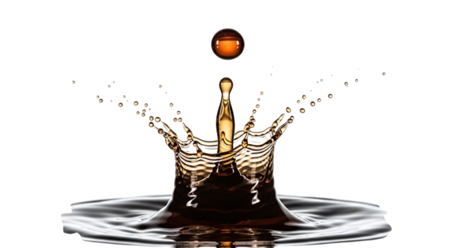 A captivating splash of coffee with a single drop creating a crownlike effect, , showcasing the beauty of fluid dynamics