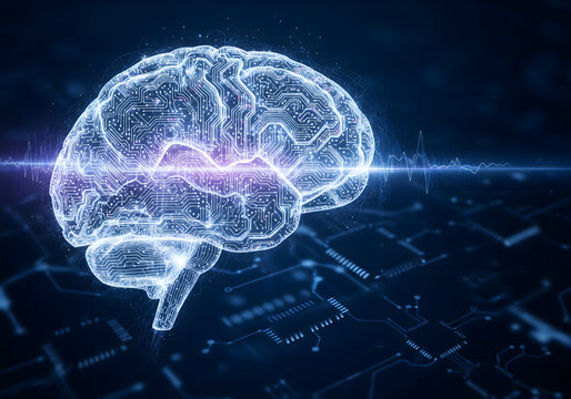 Digital brain glowing with circuit patterns, artificial intelligence concept.