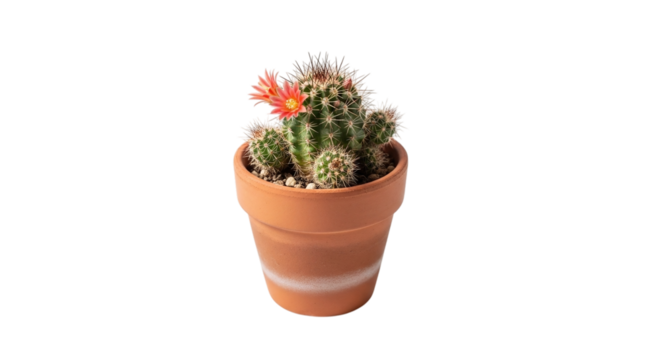 A small cactus in a terracotta pot, adorned with a vibrant orange flower, bringing a touch of desert charm - Powered by Adobe